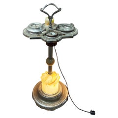 Art Deco Light Up Chrome Ashtray Stand w/ Electric Lighter & Art Glass Base