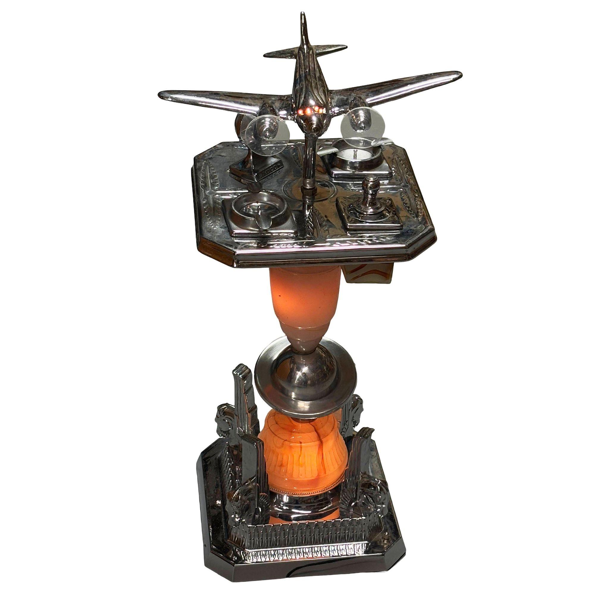 Art Deco Light Up Chrome Douglas DC-3 Airplane Ashtray Stand w/ Art Glass Base im Angebot 4