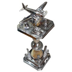 Art Deco Light Up Chrome Douglas DC-3 Airplane Ashtray Stand w/ Art Glass Base