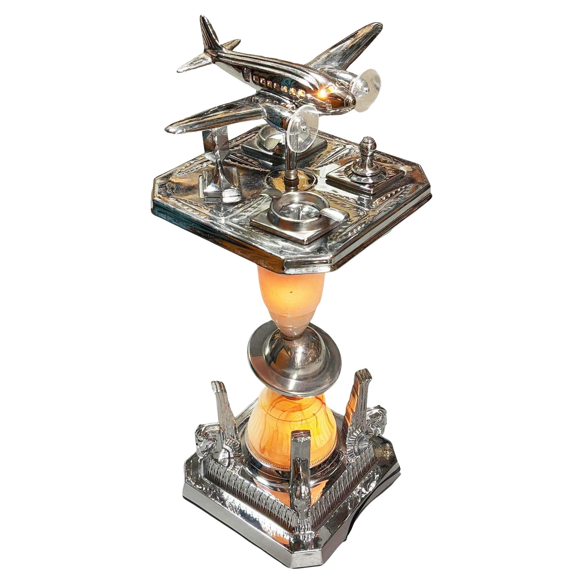 Art Deco Light Up Chrome Douglas DC-3 Airplane Ashtray Stand w/ Art Glass Base