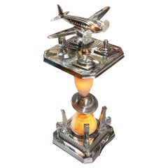 Art Deco Light Up Chrome Douglas DC-3 Airplane Ashtray Stand w/ Art Glass Base