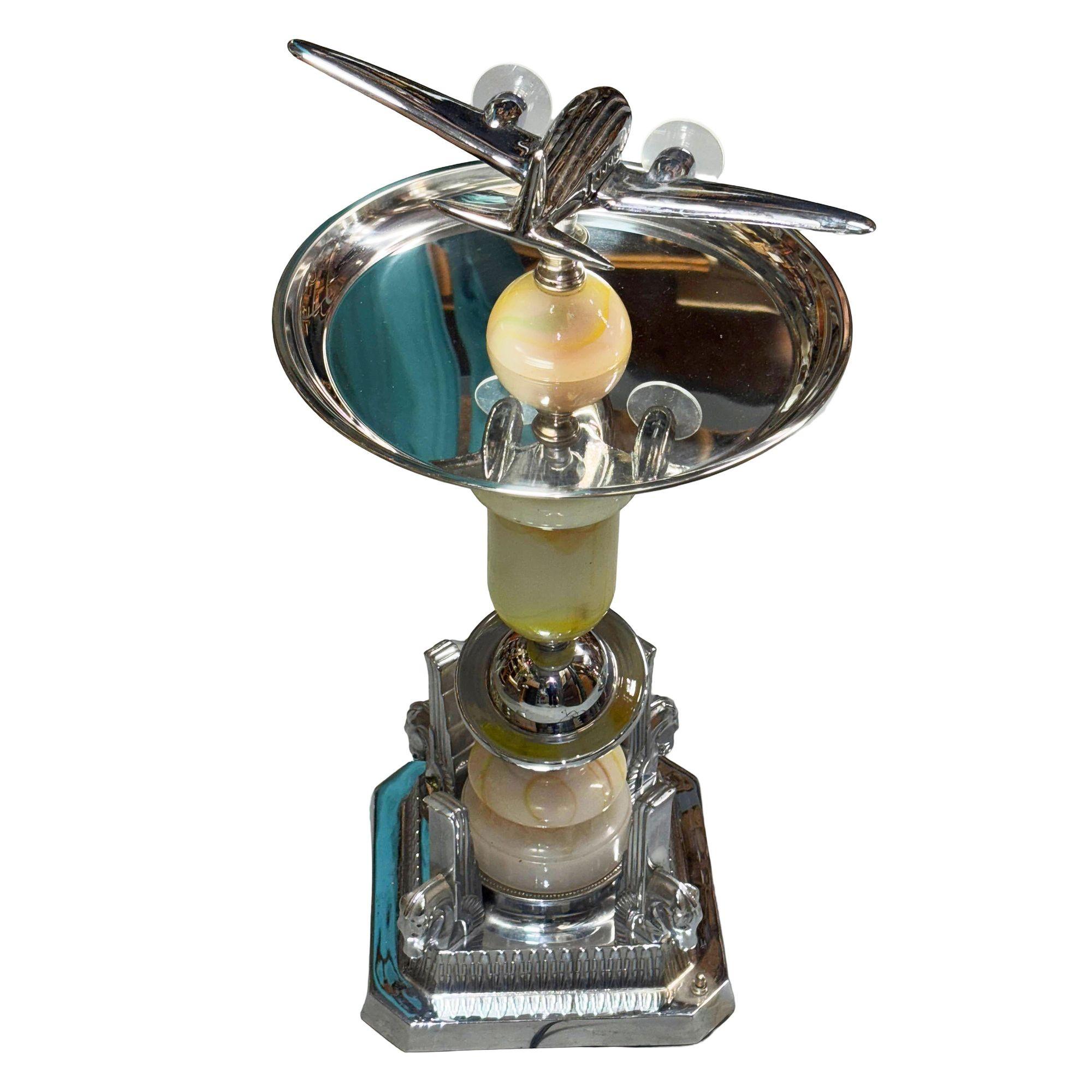 American Art Deco Light Up Chrome Douglas DC3 Airplane Drink Side Table w/ Art Glass Base For Sale