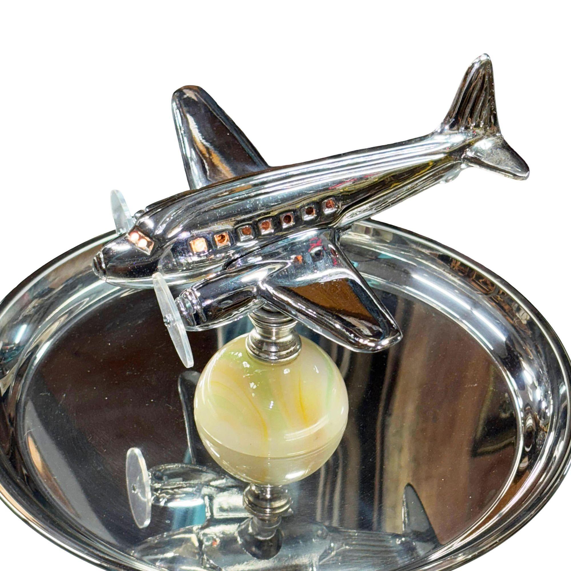 Art Deco Light Up Chrome Douglas DC3 Airplane Drink Side Table w/ Art Glass Base In Excellent Condition For Sale In Van Nuys, CA