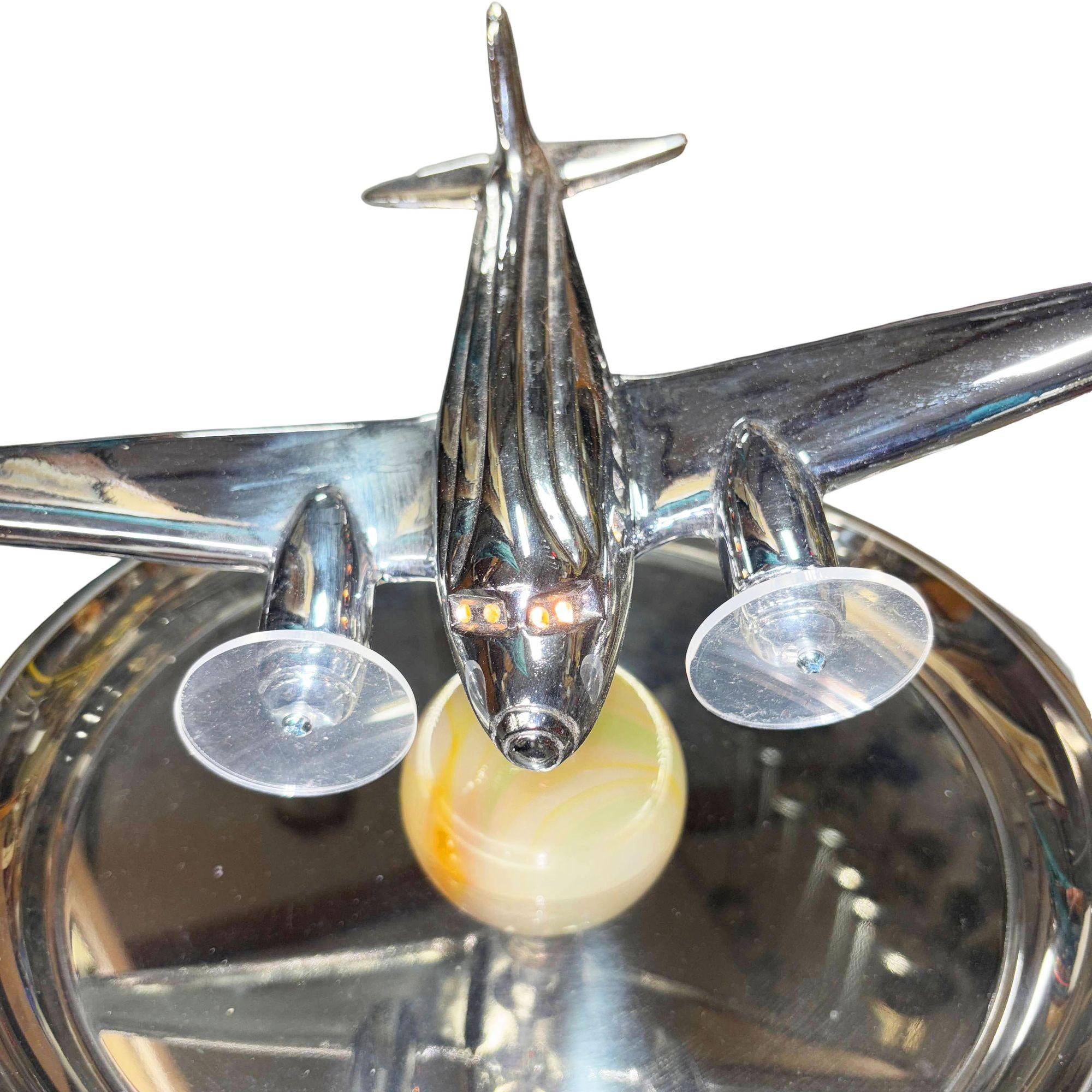 Art Deco Light Up Chrome Douglas DC3 Airplane Drink Side Table w/ Art Glass Base For Sale 1