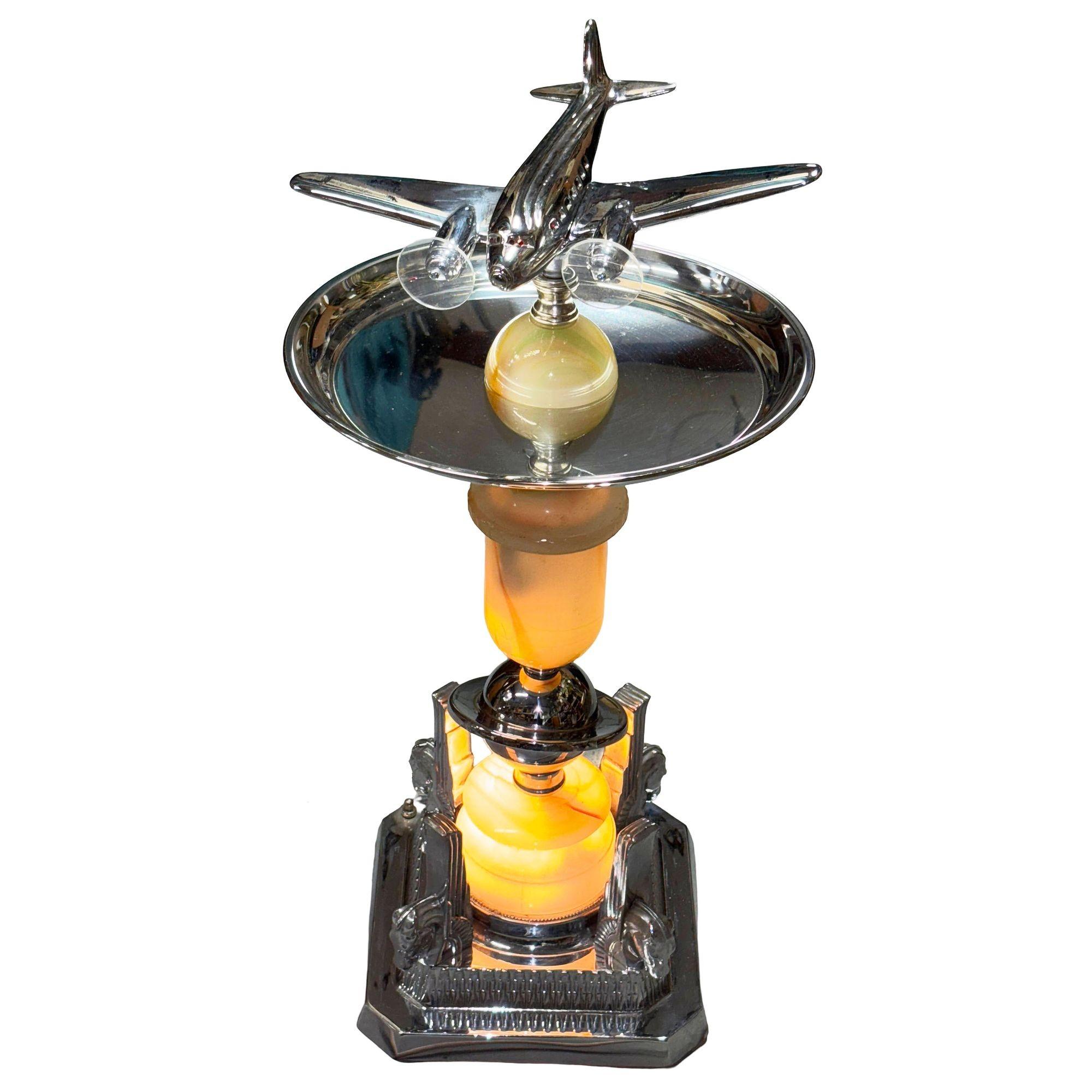 Art Deco Light Up Chrome Douglas DC3 Airplane Drink Side Table w/ Art Glass Base For Sale 2