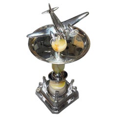 Art Deco Light Up Chrome Douglas DC3 Airplane Drink Side Table w/ Art Glass Base