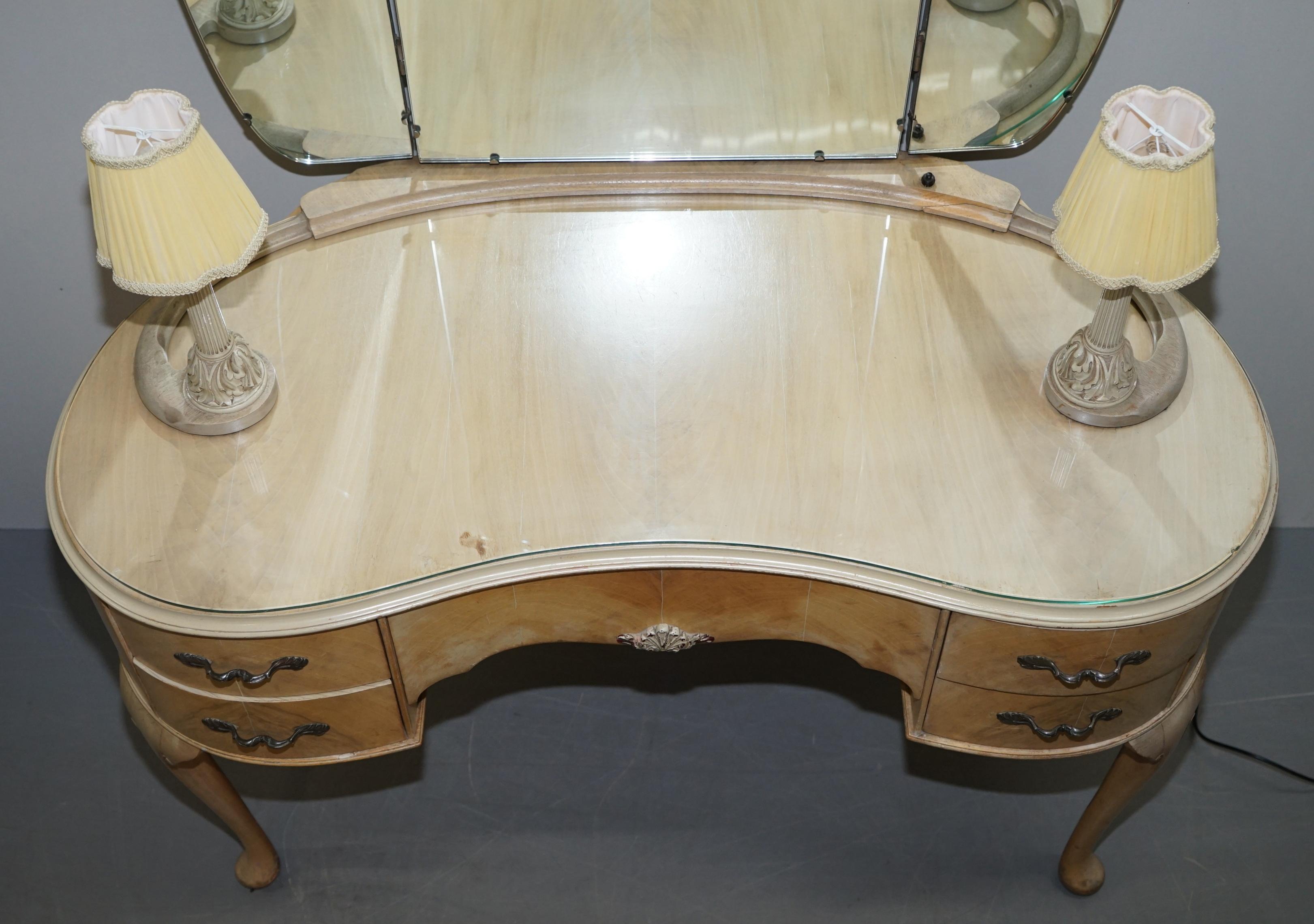 Art Deco Light Walnut Dressing Table with Built in Lights & Tri Folding Mirrors 2