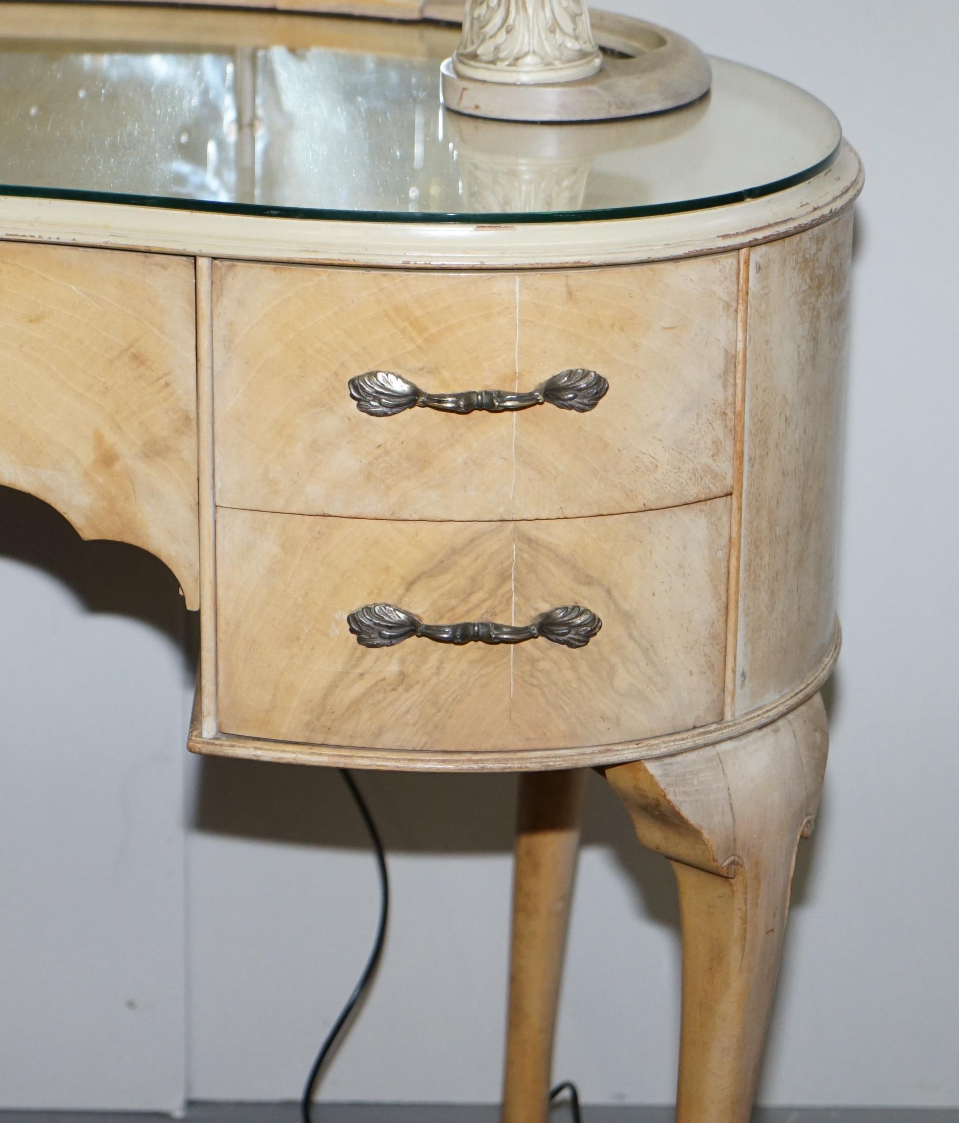 Art Deco Light Walnut Dressing Table with Built in Lights & Tri Folding Mirrors 5