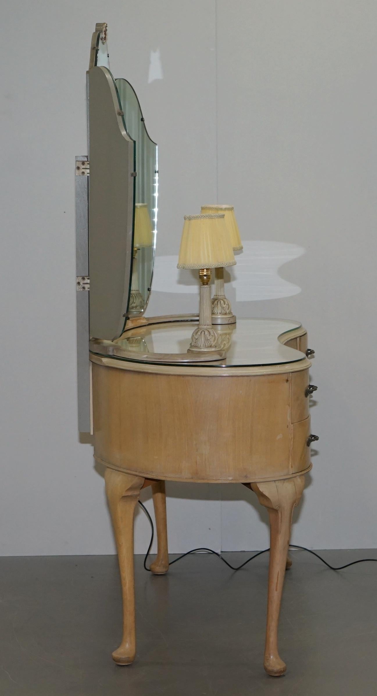 Art Deco Light Walnut Dressing Table with Built in Lights & Tri Folding Mirrors 6