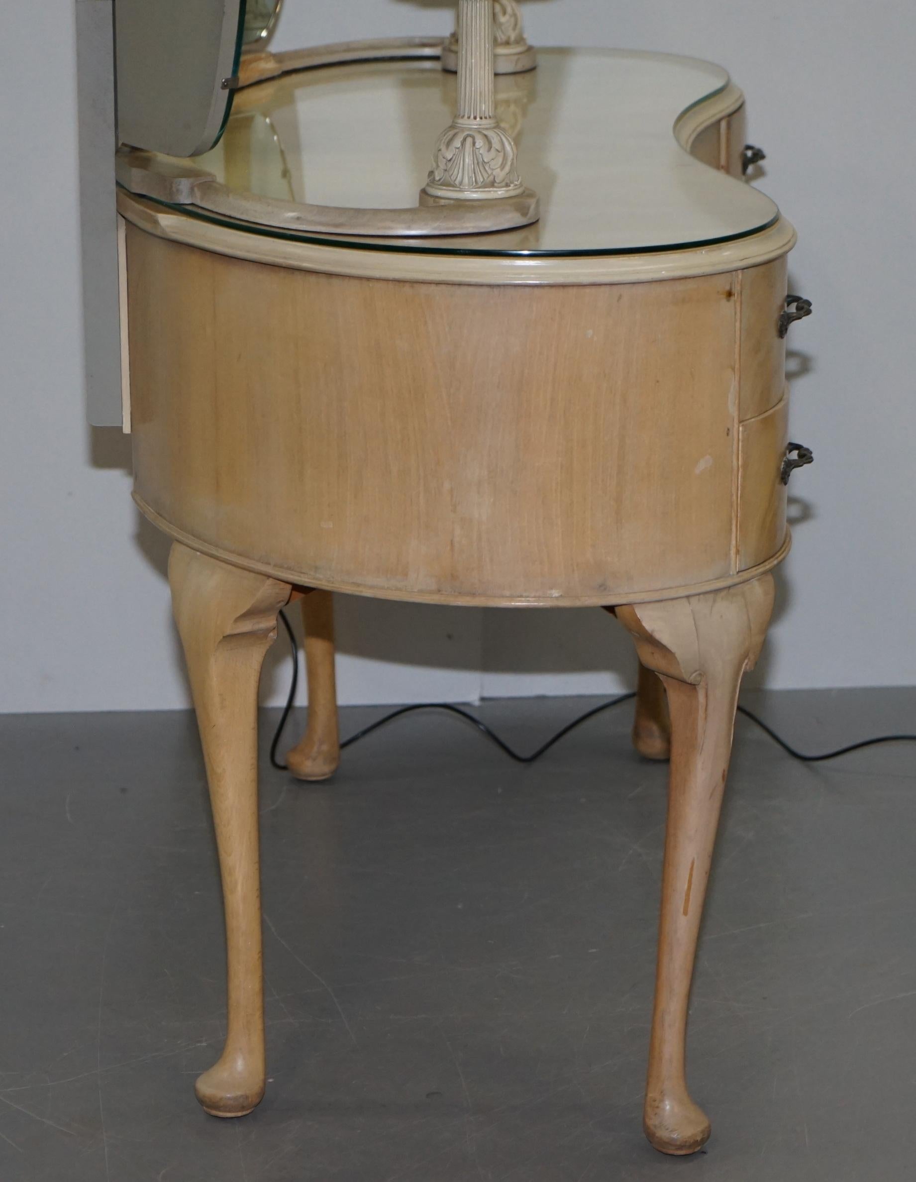 Art Deco Light Walnut Dressing Table with Built in Lights & Tri Folding Mirrors 7