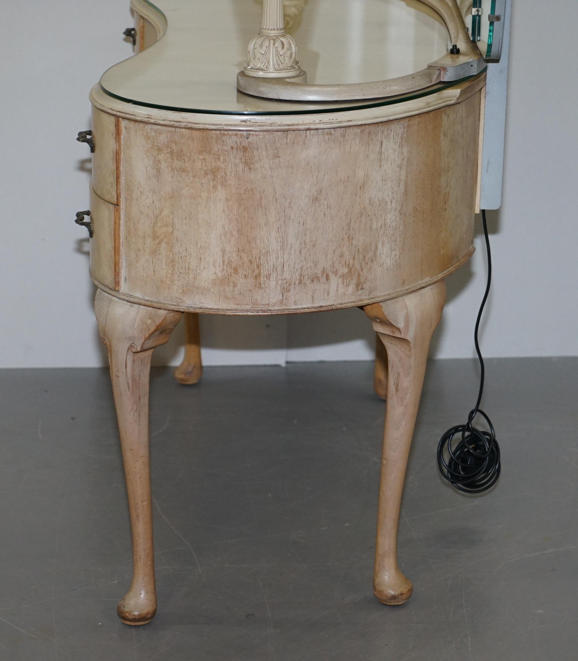 Art Deco Light Walnut Dressing Table with Built in Lights & Tri Folding Mirrors 9