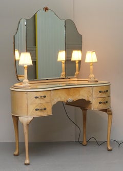 Art Deco Light Walnut Dressing Table with Built in Lights & Tri Folding Mirrors