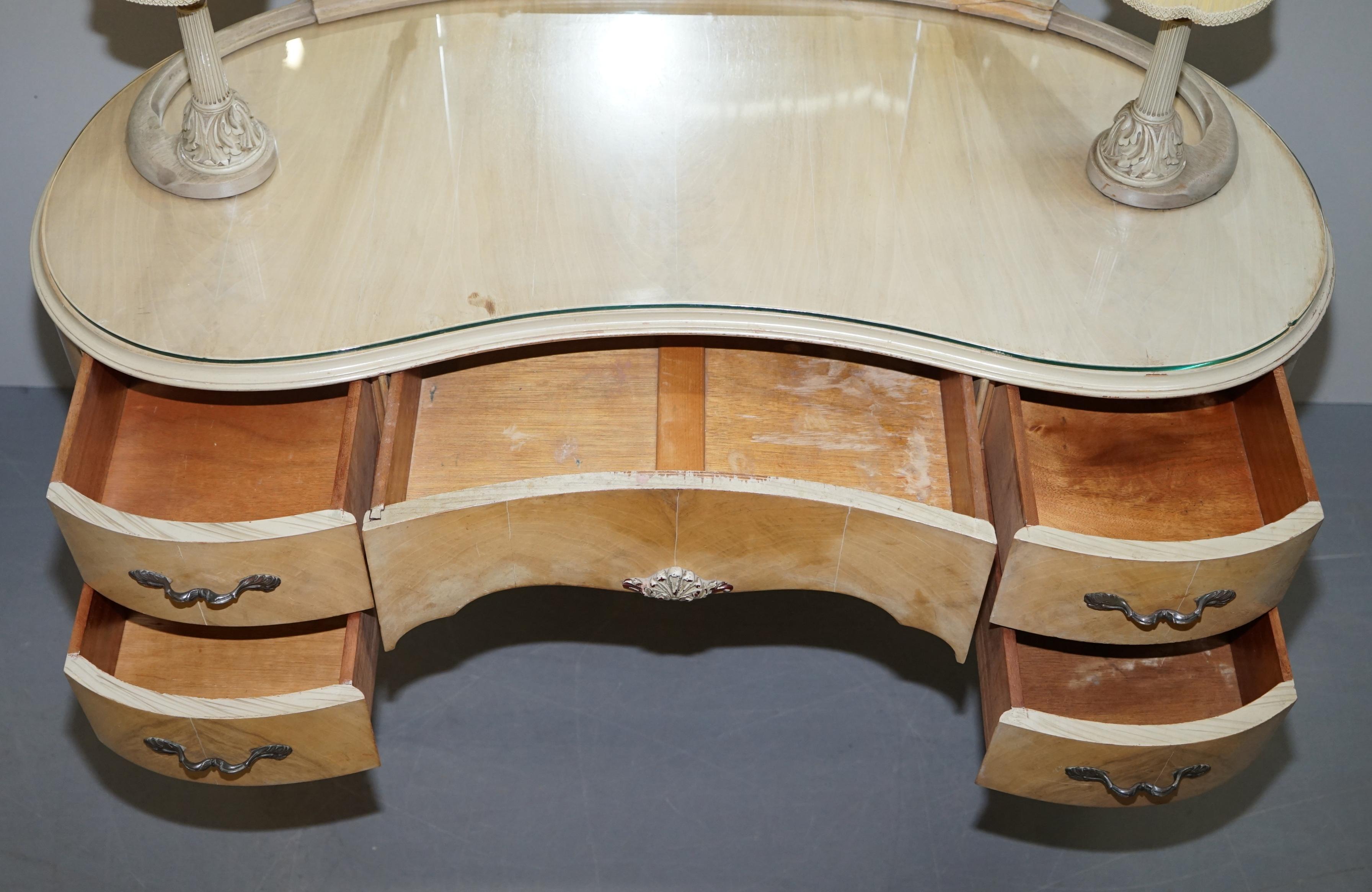Art Deco Light Walnut Dressing Table with Built in Lights & Tri Folding Mirrors 11