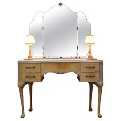 Art Deco Light Walnut Dressing Table with Built in Lights & Tri Folding Mirrors
