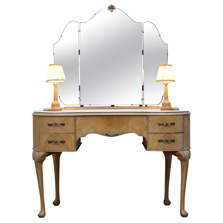 Art Deco Light Walnut Dressing Table, Tri Fold Mirror Vanity Table