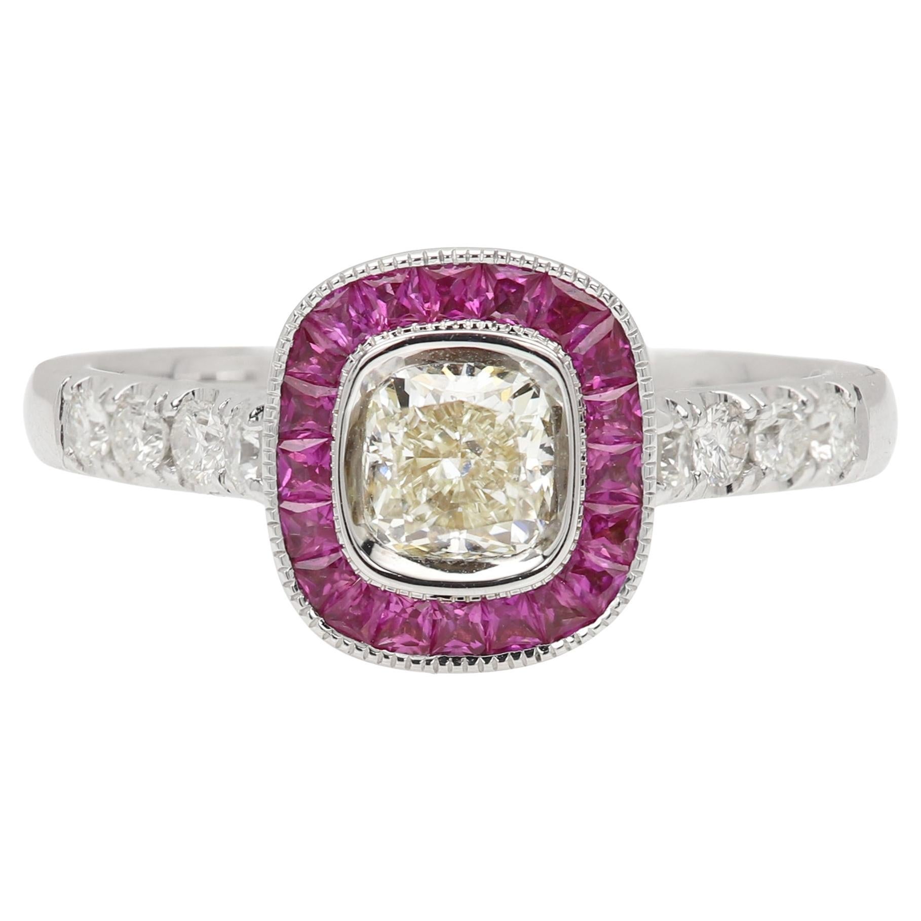 Bague en or 18 carats Art déco avec diamant jaune et rubis rouge