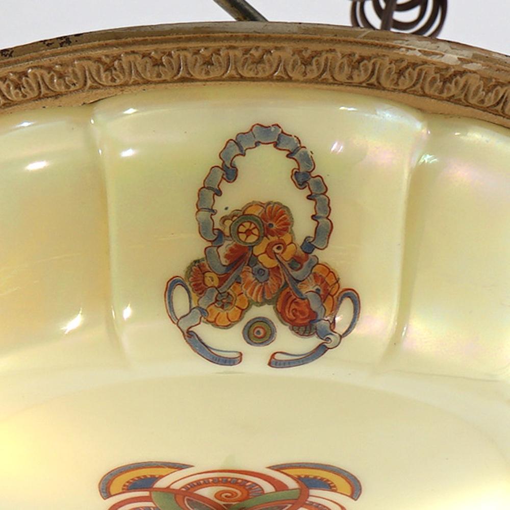 Art Deco Lightolier Hand Painted Opalescent Glass Flush Mount Fixture C1920 In Good Condition In Big Flats, NY