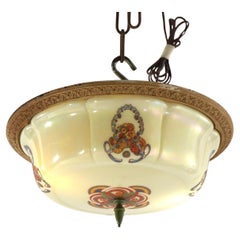 Art Deco Lightolier Hand Painted Opalescent Glass Flush Mount Fixture C1920