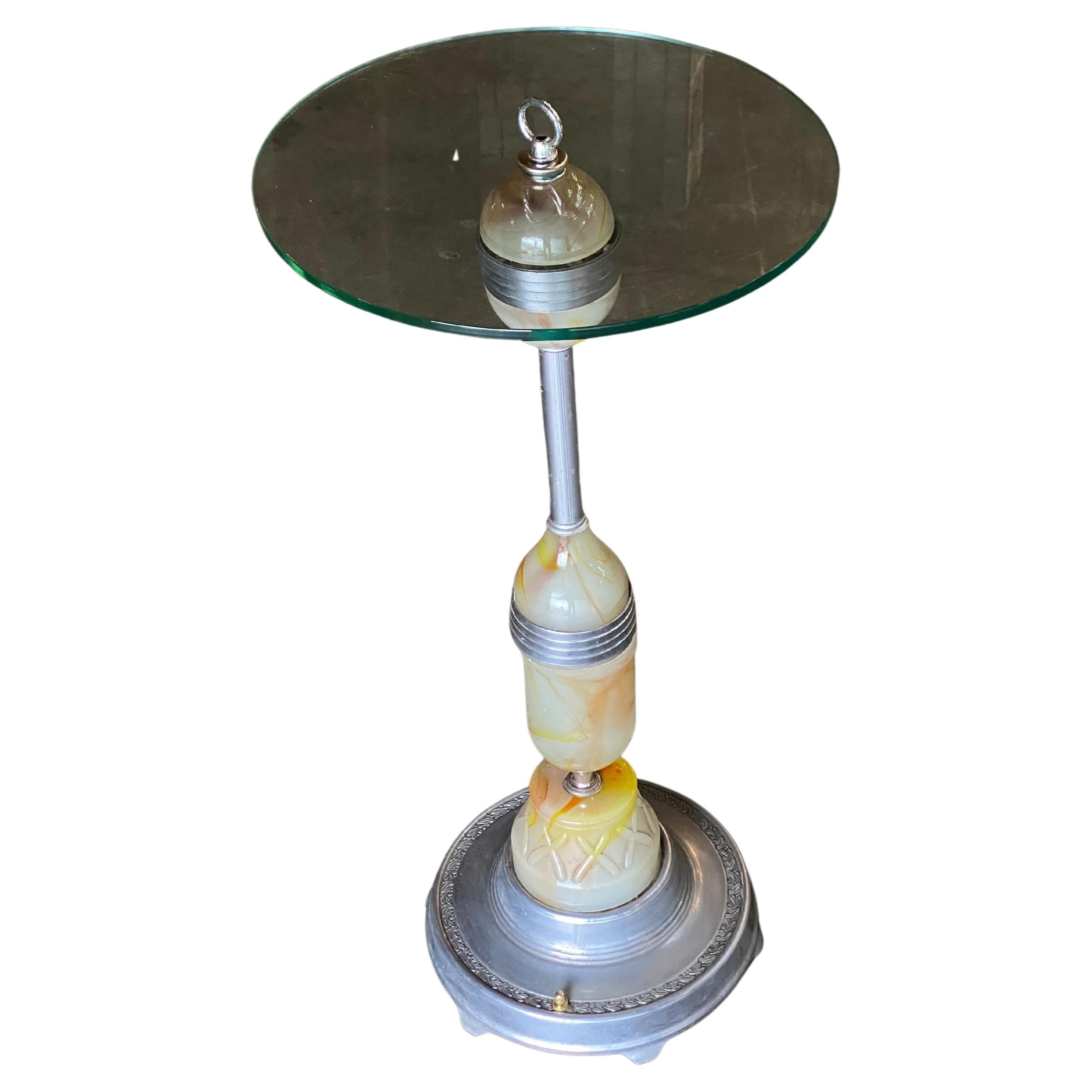 Art Deco Light up Agate Glass Illuminating Smoking Side Table Pewter cast base For Sale