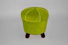 Art Deco Lime Green Velvet Beech Circular Stool Pouf 1930s Austria