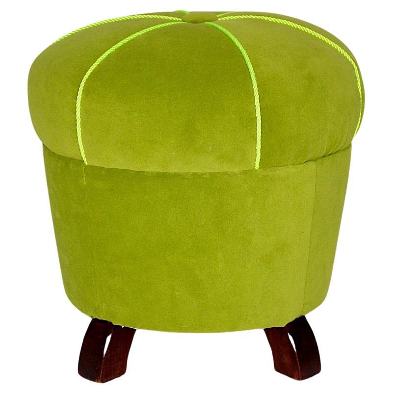Art Deco Lime Green Velvet Beech Circular Stool Pouf 1930s Austria