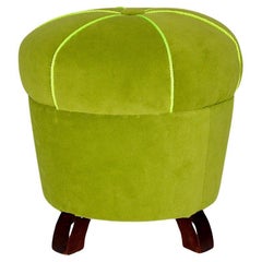 Art Deco Lime Green Velvet Beech Circular Stool Pouf 1930s Austria
