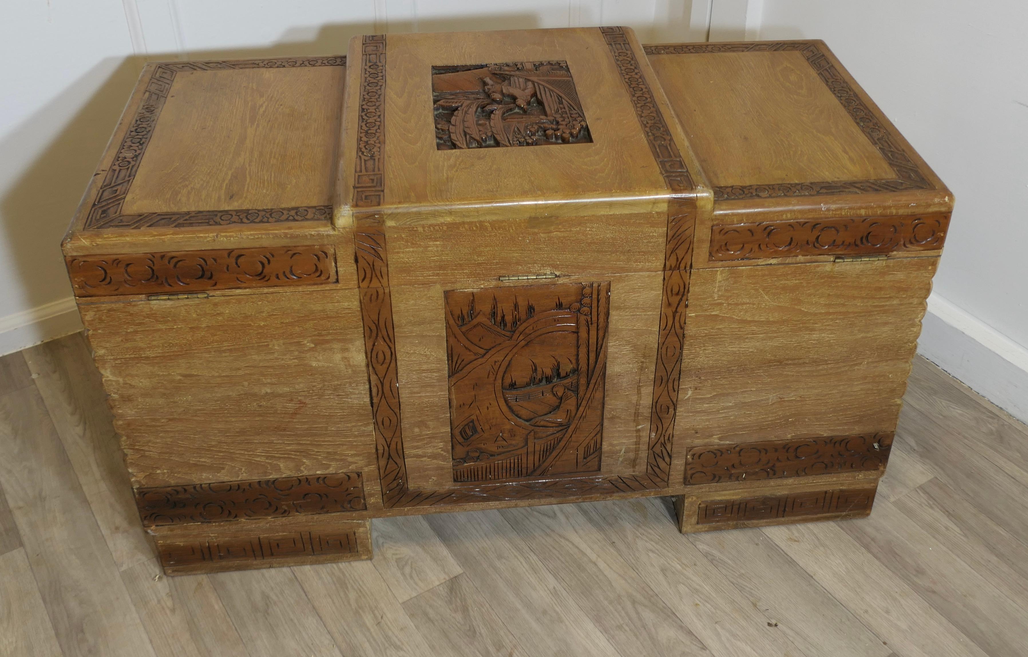 Art Deco Limed Oak & Carved Camphor Wood Chest For Sale 5