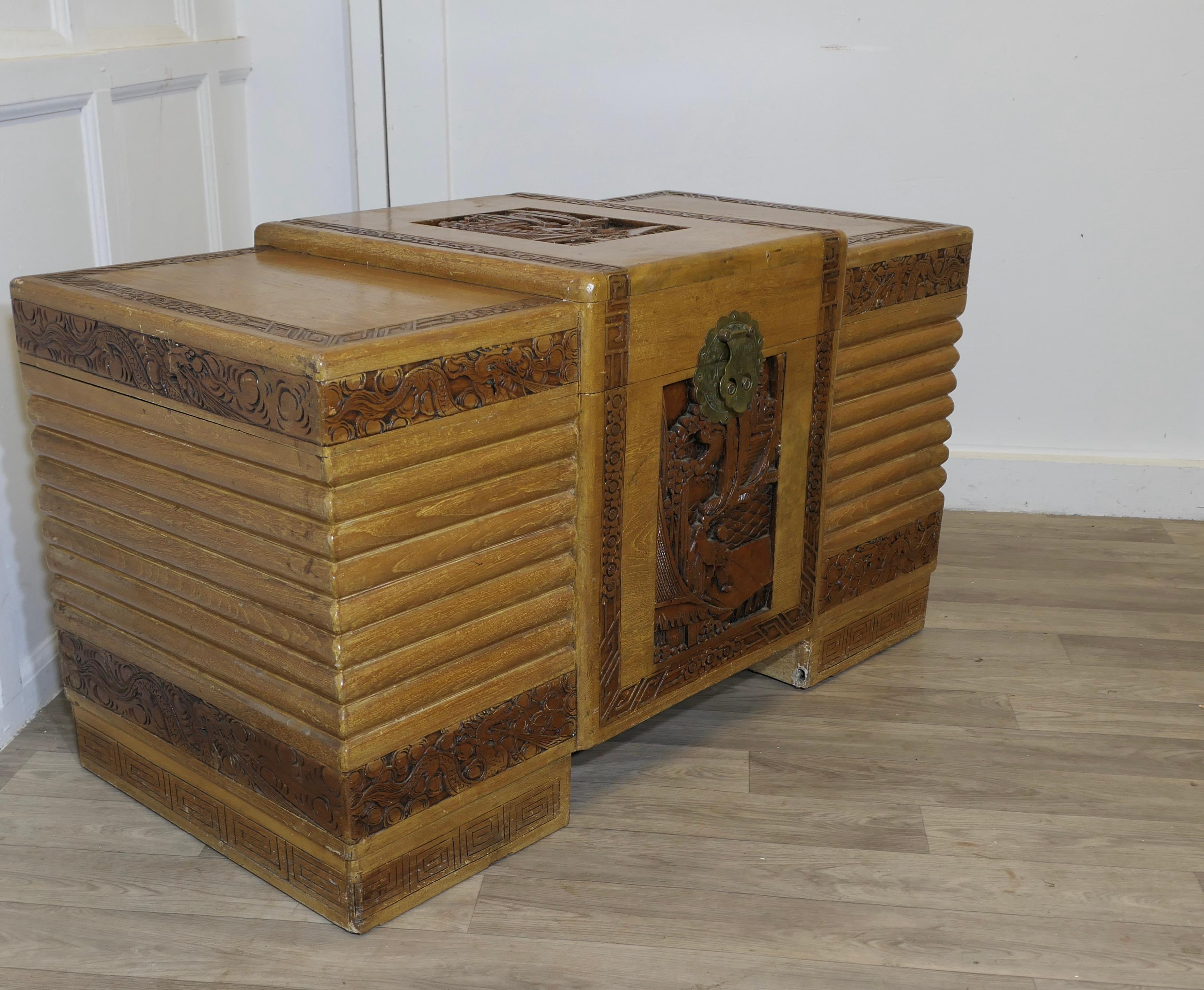 Art Deco Limed Oak & Carved Camphor Wood Chest In Good Condition For Sale In Godshill, Isle of Wight