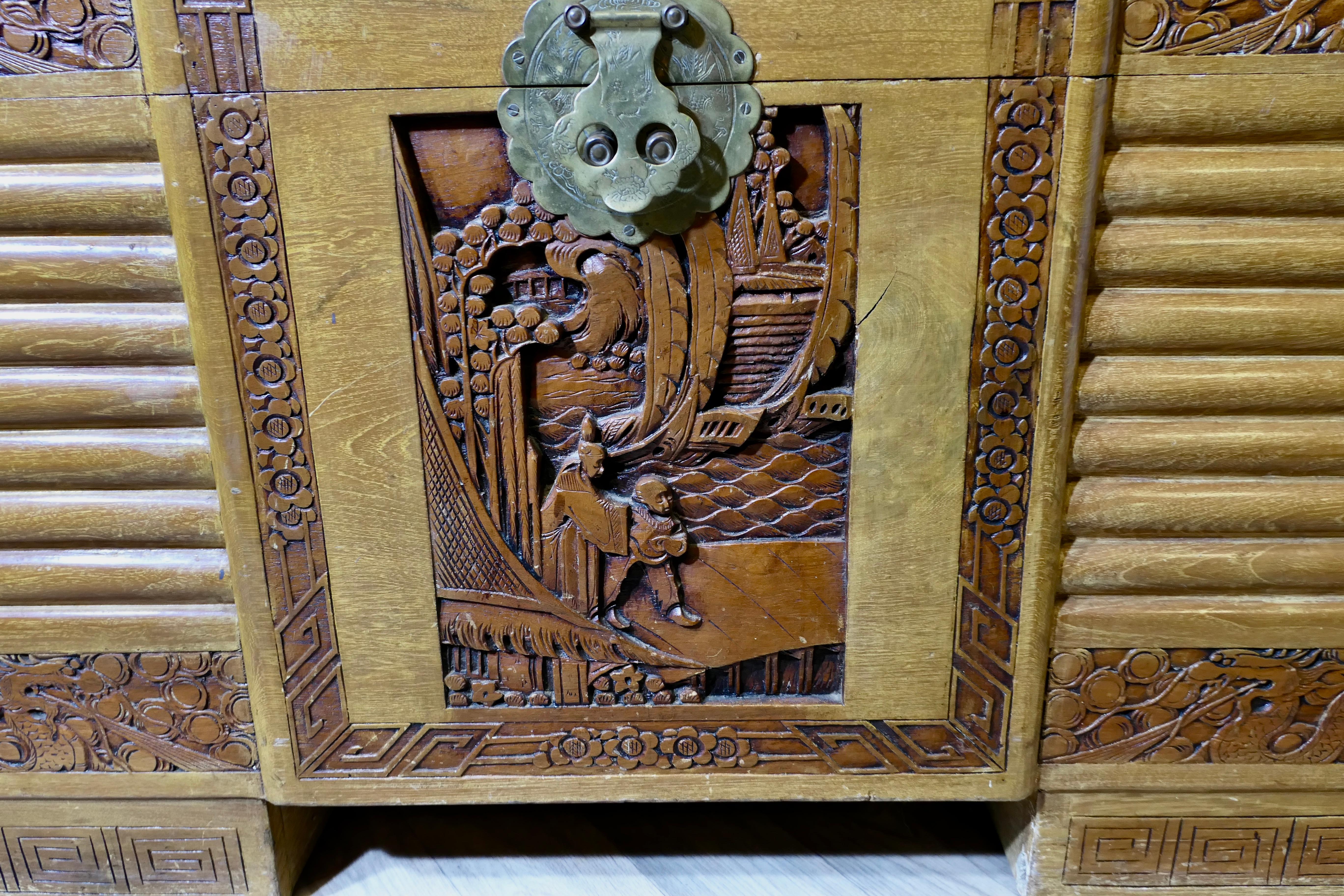 Mid-20th Century Art Deco Limed Oak & Carved Camphor Wood Chest For Sale