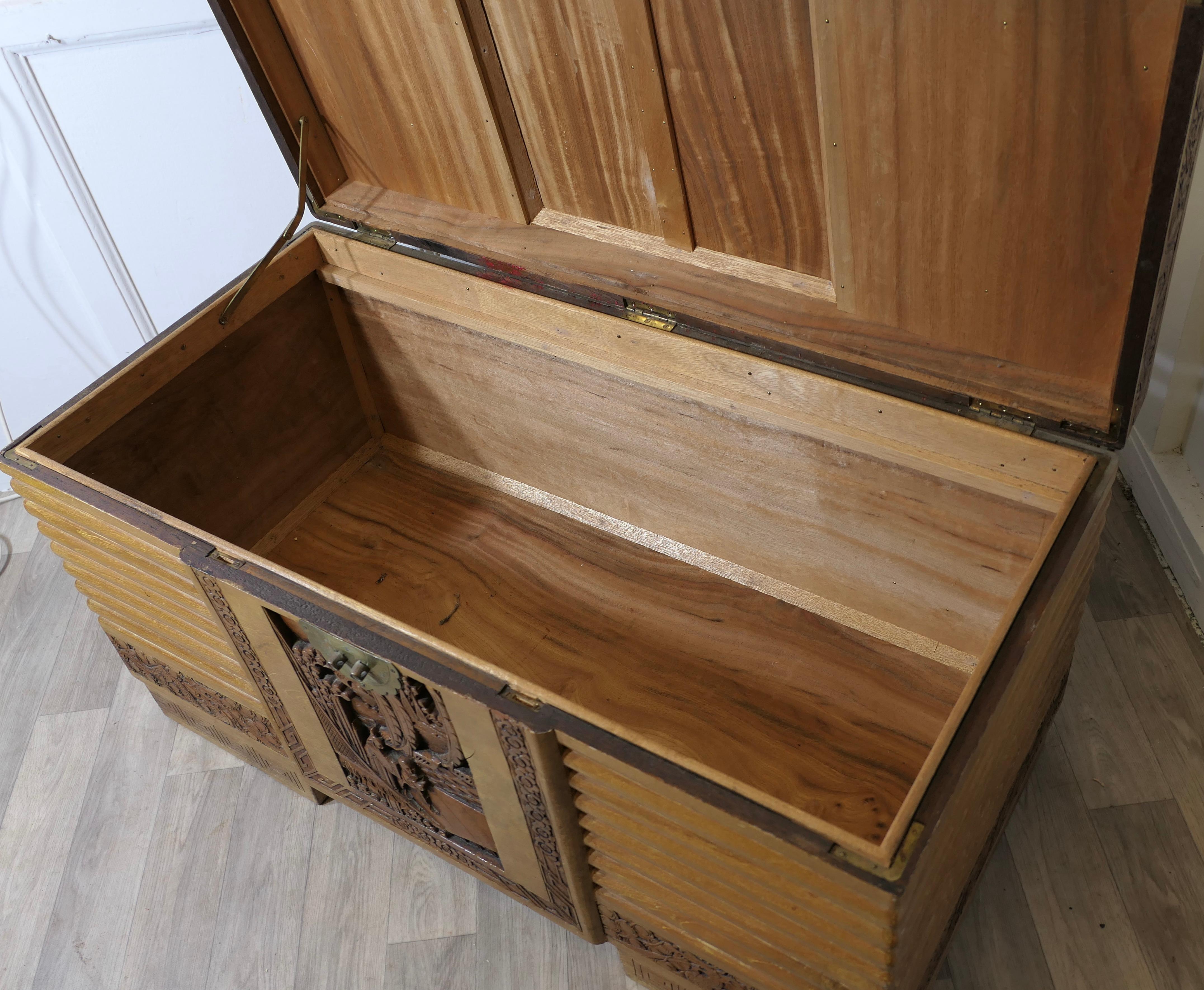 Art Deco Limed Oak & Carved Camphor Wood Chest For Sale 2