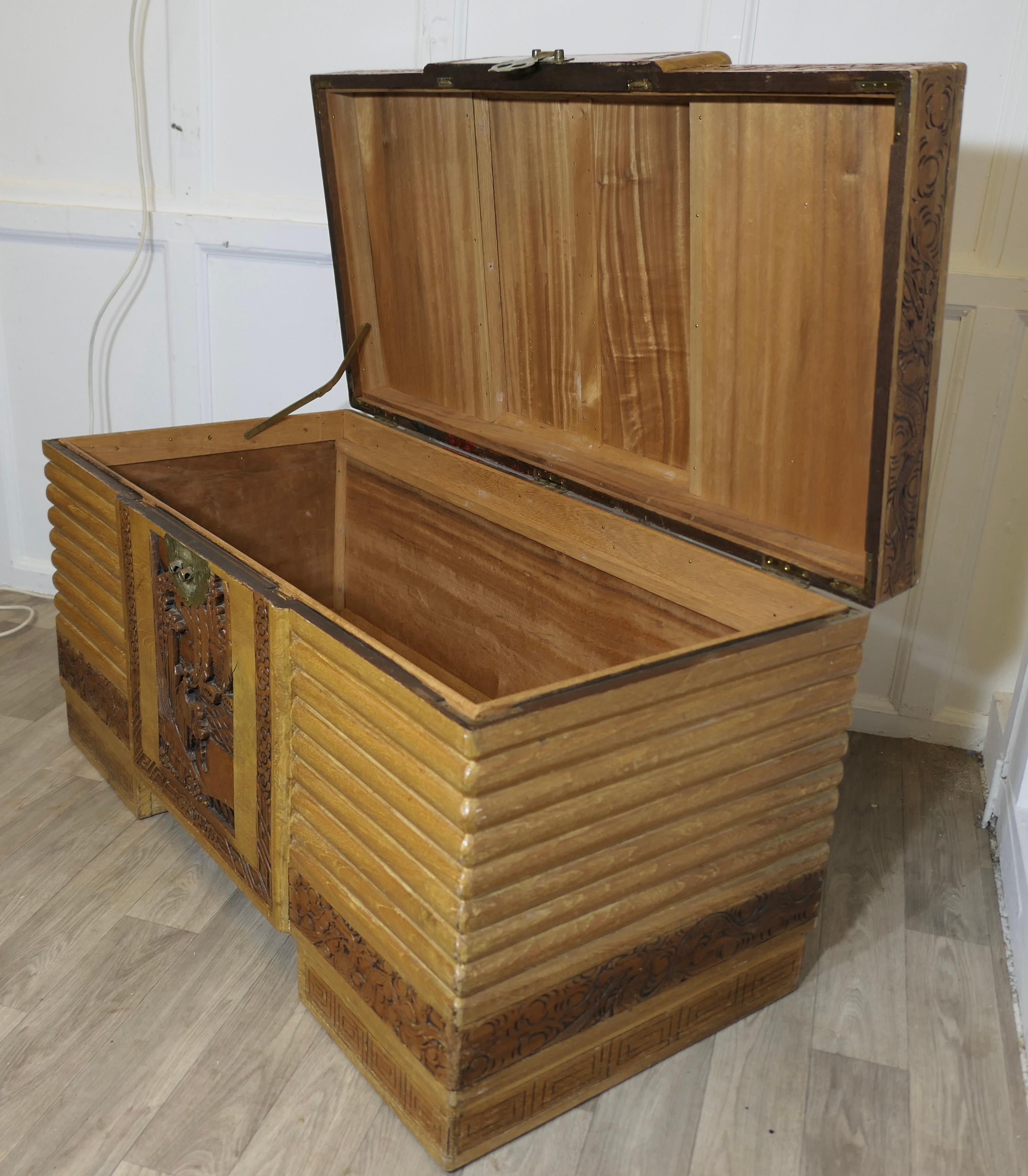 Art Deco Limed Oak & Carved Camphor Wood Chest For Sale 3