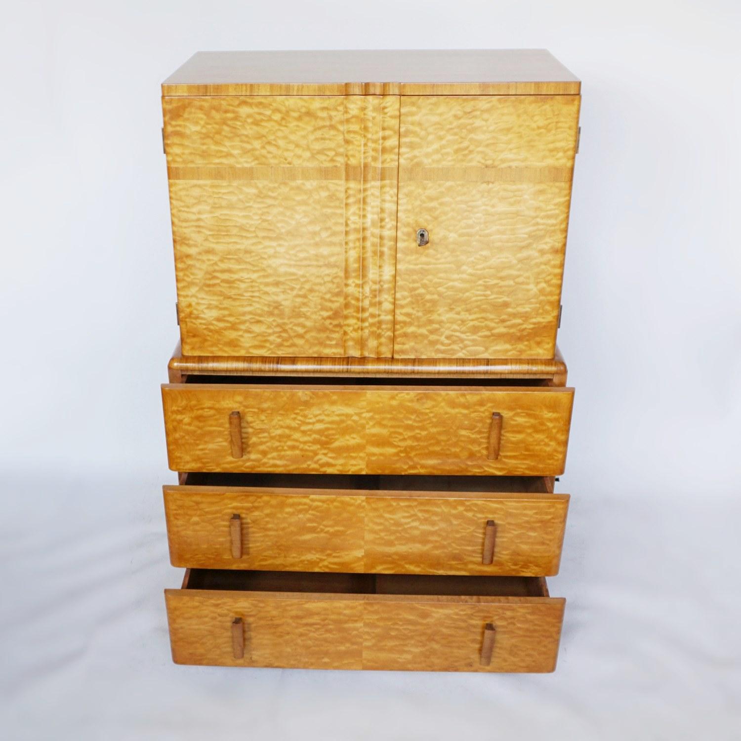 Mahogany Art Deco Linen Cabinet Satin Birch and Walnut Veneered, English, Circa 1935