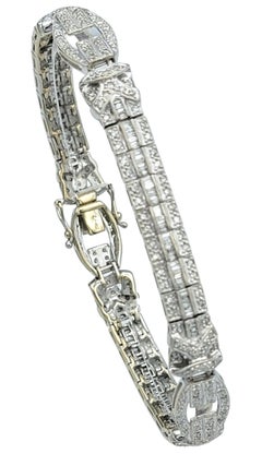 Bracelet à maillons Art déco en or blanc 18 carats avec diamants baguettes et ronds