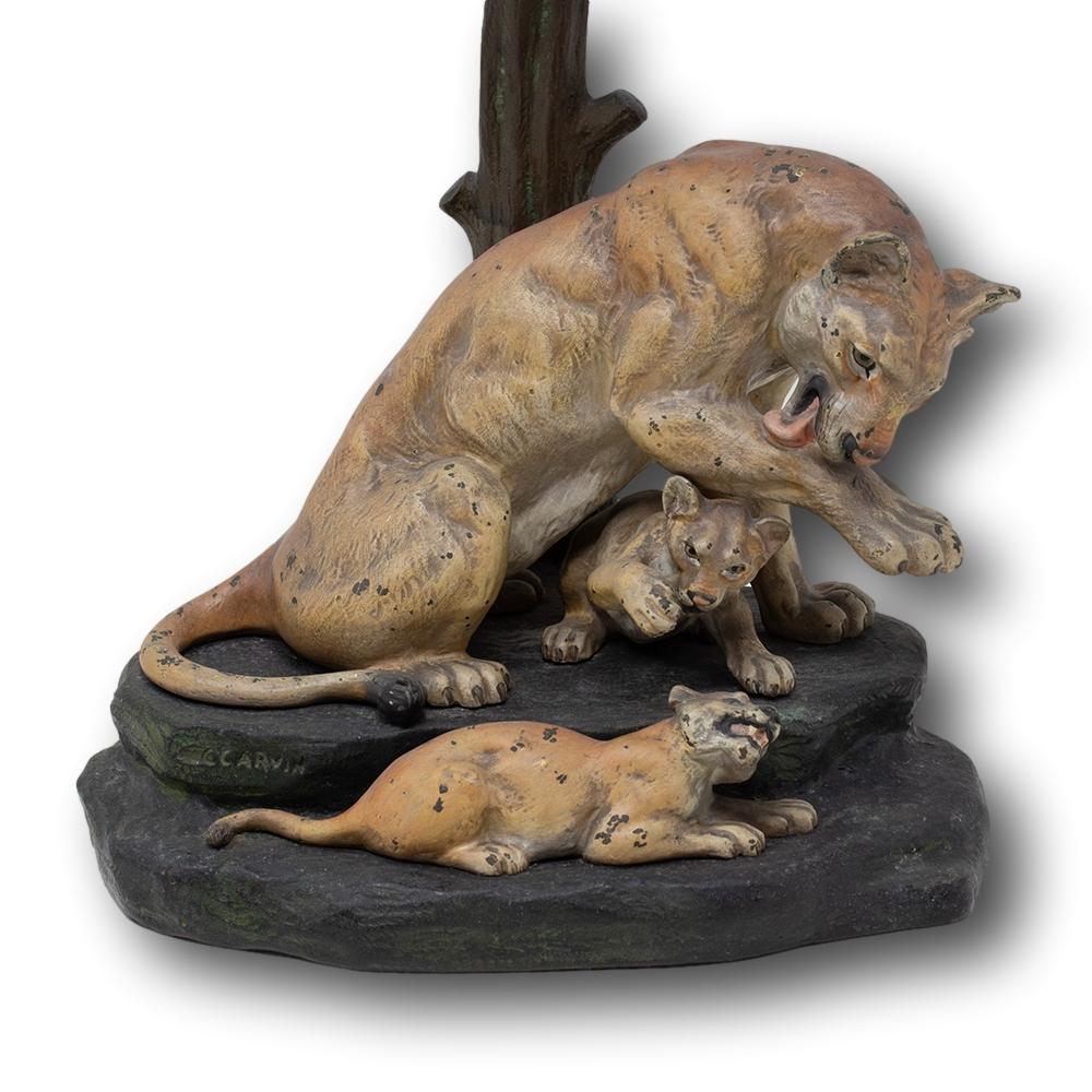 Art Deco Lion Cold Painted Bronze Table Lamp Sculpture Louis-Albert Carvin For Sale 4