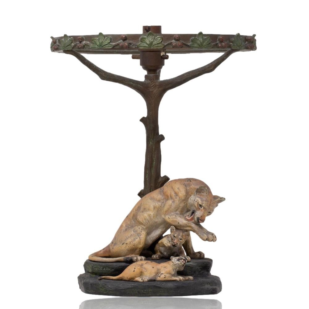 Cast Art Deco Lion Cold Painted Bronze Table Lamp Sculpture Louis-Albert Carvin For Sale