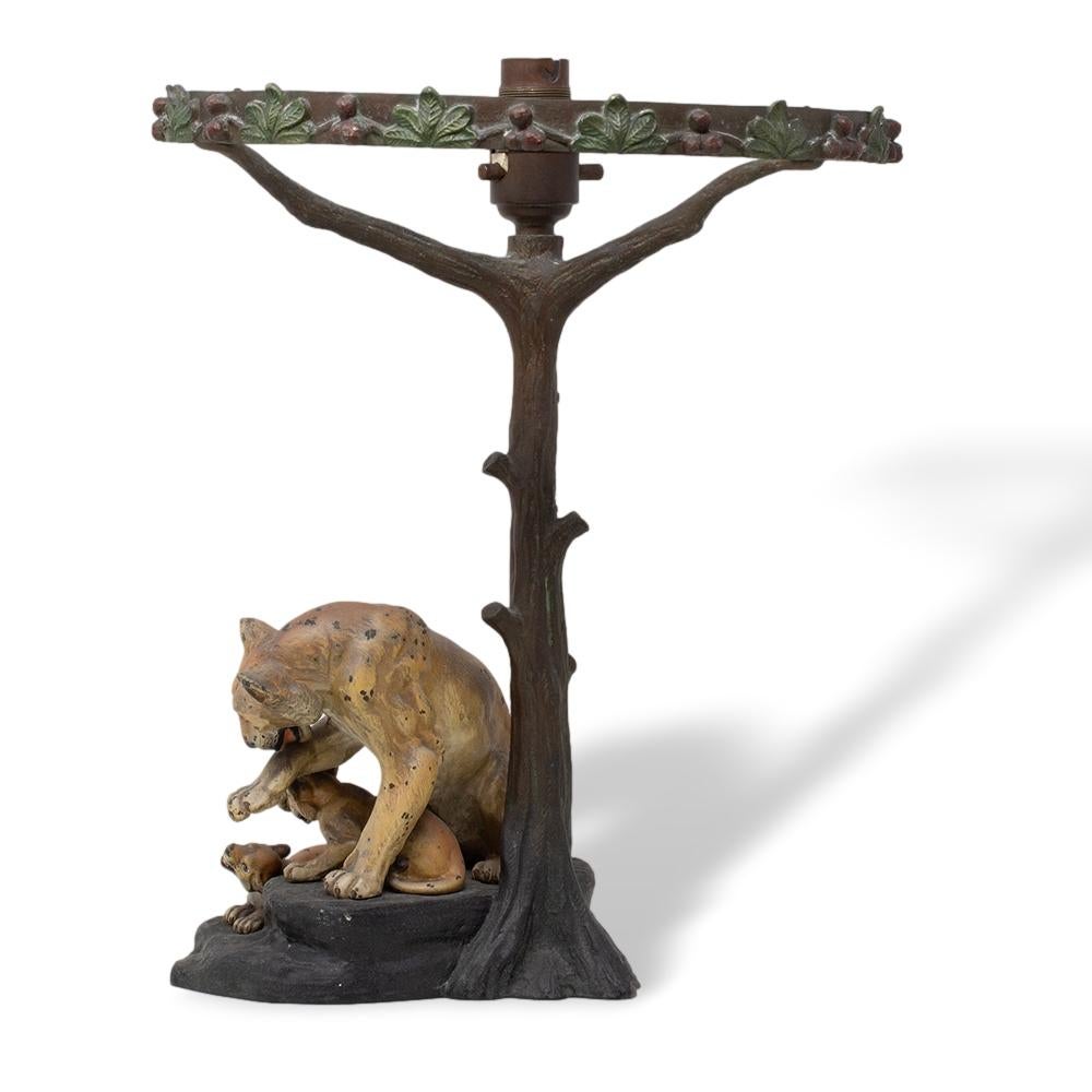 20th Century Art Deco Lion Cold Painted Bronze Table Lamp Sculpture Louis-Albert Carvin For Sale