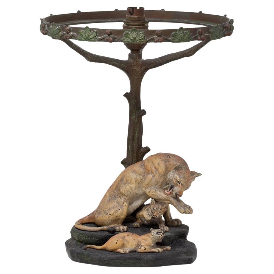 Art Deco Lion Cold Painted Bronze Table Lamp Sculpture Louis-Albert Carvin