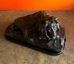 Art Deco "Lion Couche" Bronze on Black Marble Base by Josue Dupon
