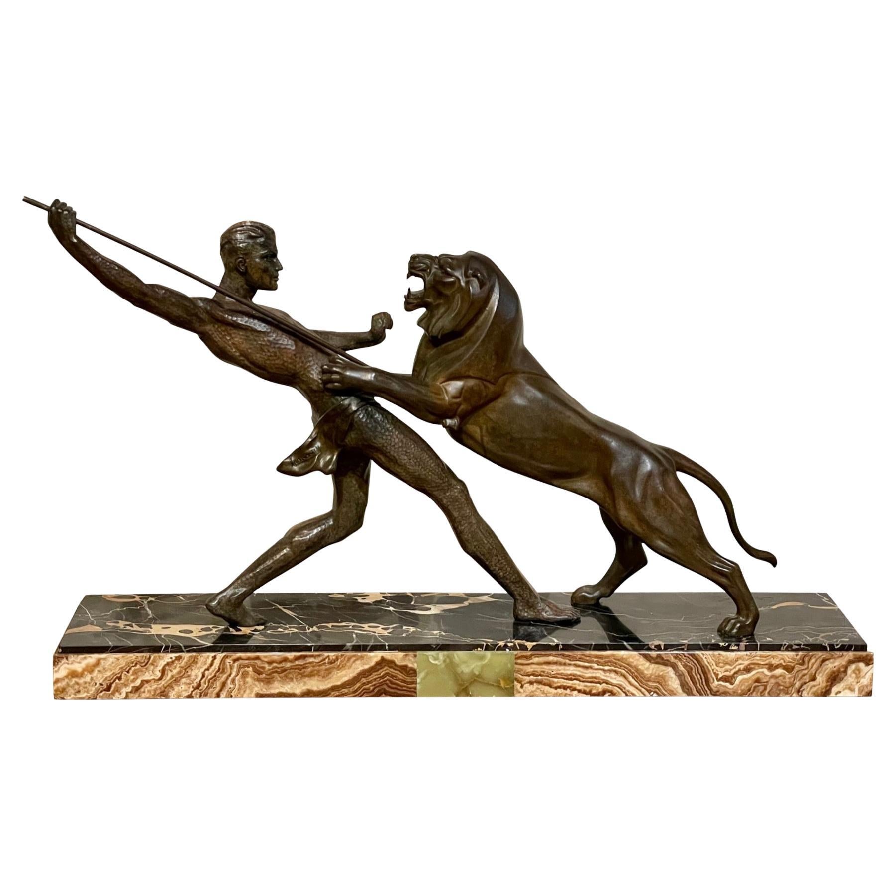 Art-déco-Löwen-Jäger-Skulptur, signiert Limousin, 1930er Jahre