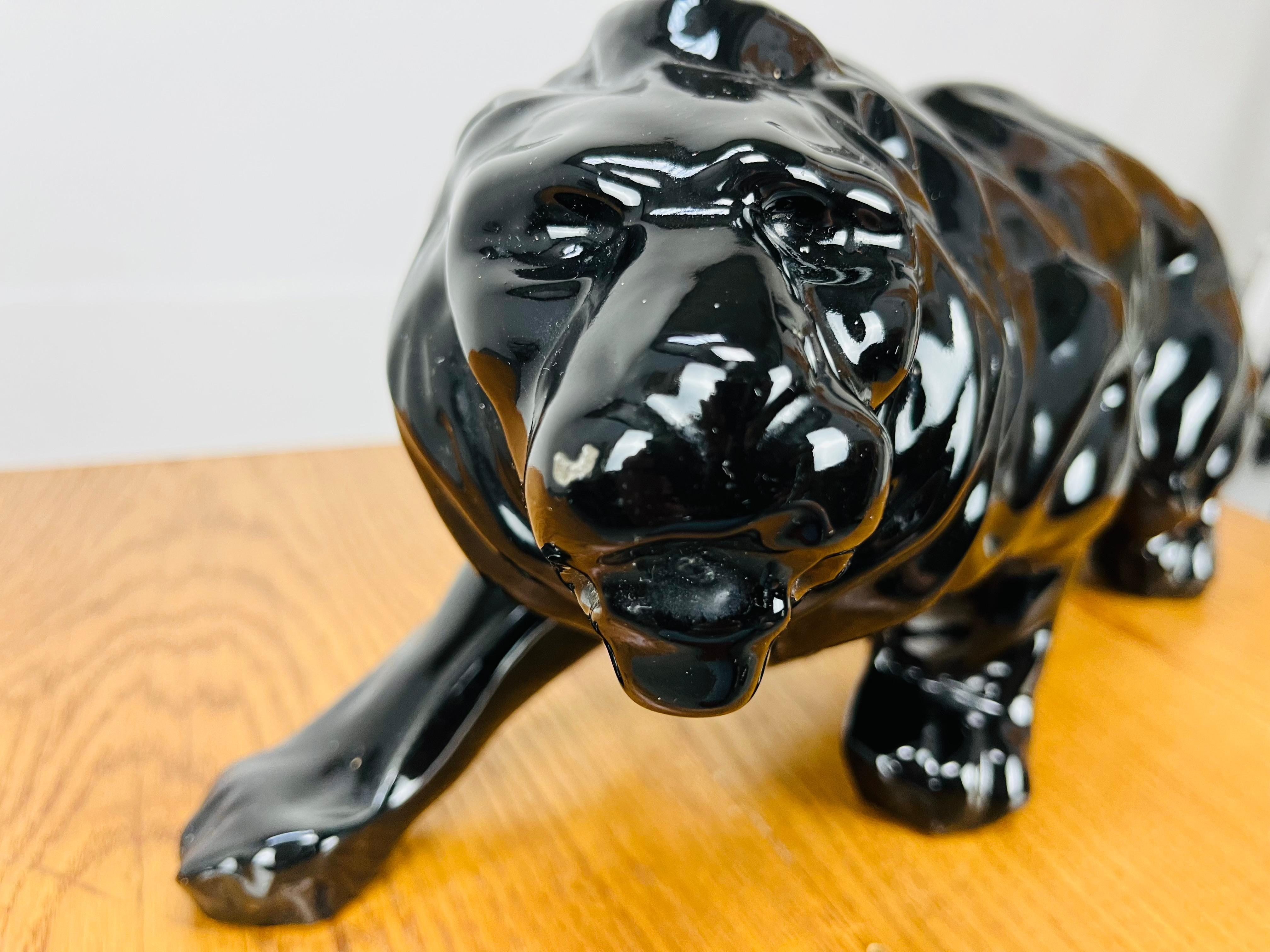 Art Deco Lion sculpture, black ceramic, 1930's, in the style of Saint-Clément For Sale 4