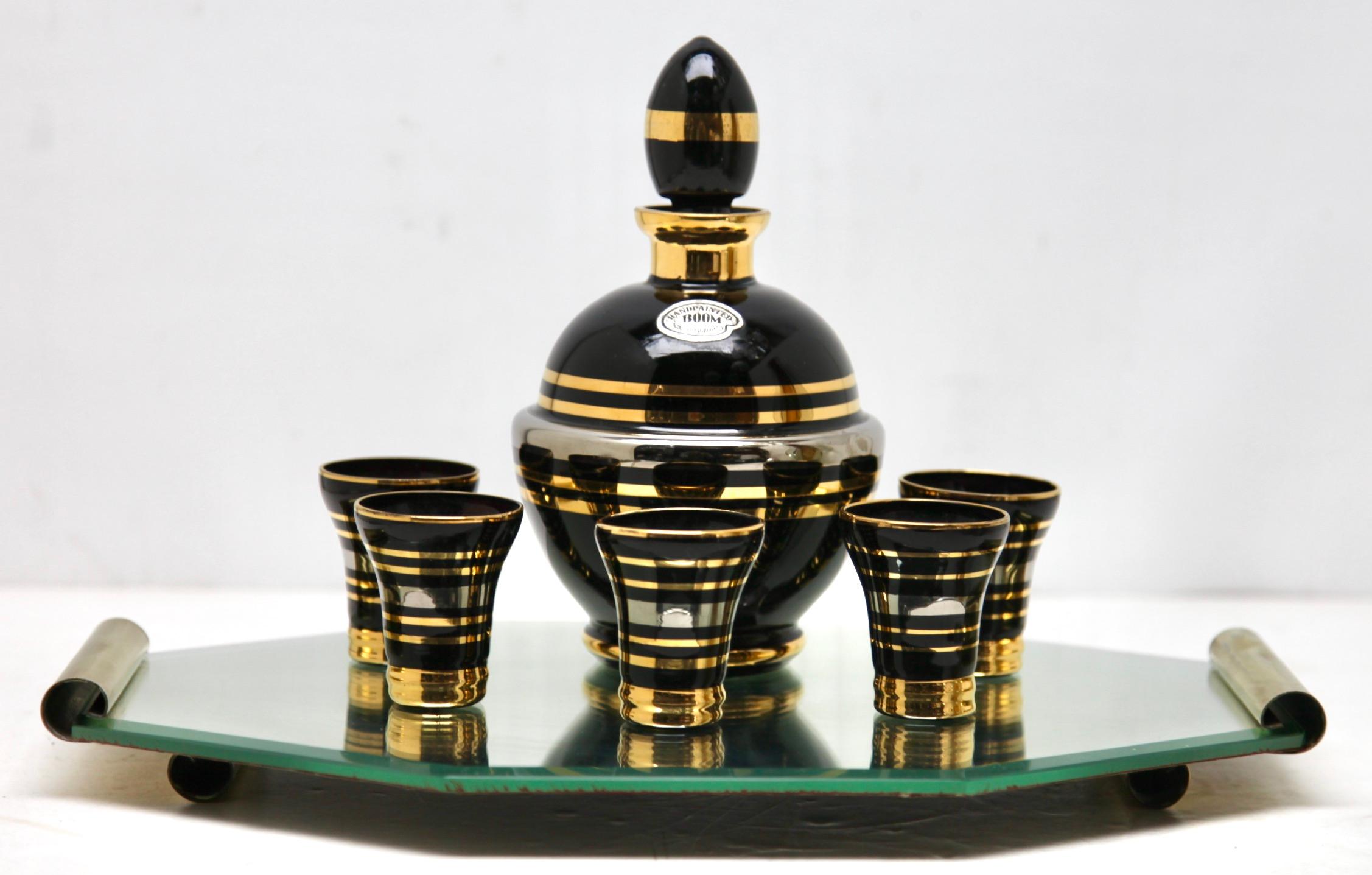Art Deco Liqueur Set by De Rupel, Boom, Belgium, with Serving Tray, circa 1938 In Good Condition For Sale In Verviers, BE