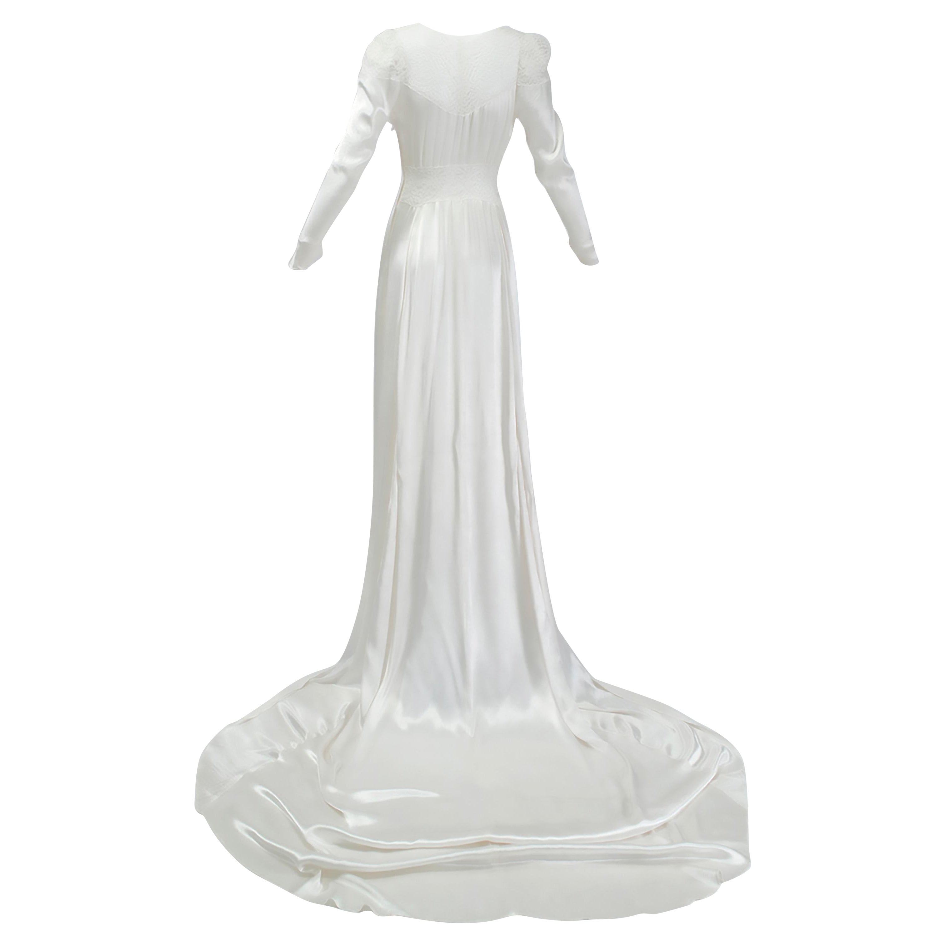 Art Deco Liquid White Satin and Lace Naked Wedding Gown - XS, 1930s For Sale