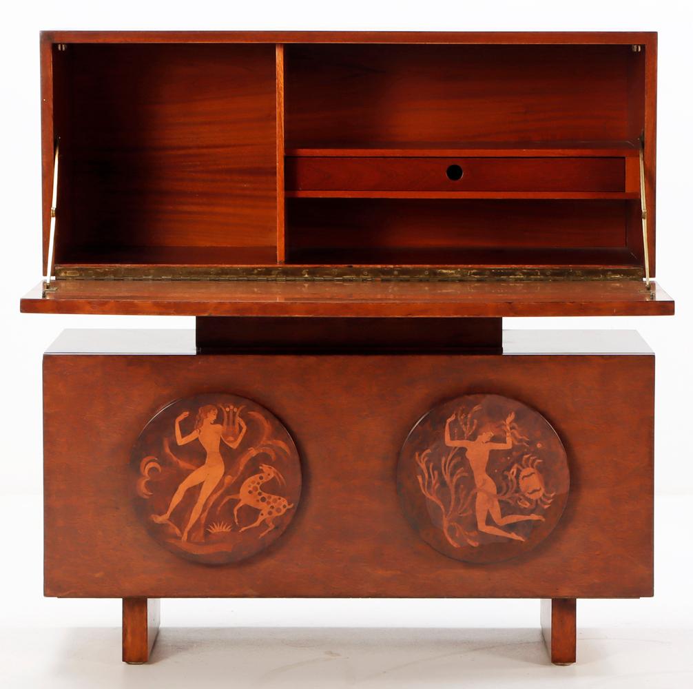 American Art Deco Bar Cabinet with Inlaid Mythological Figures by Andrew Szoeke For Sale