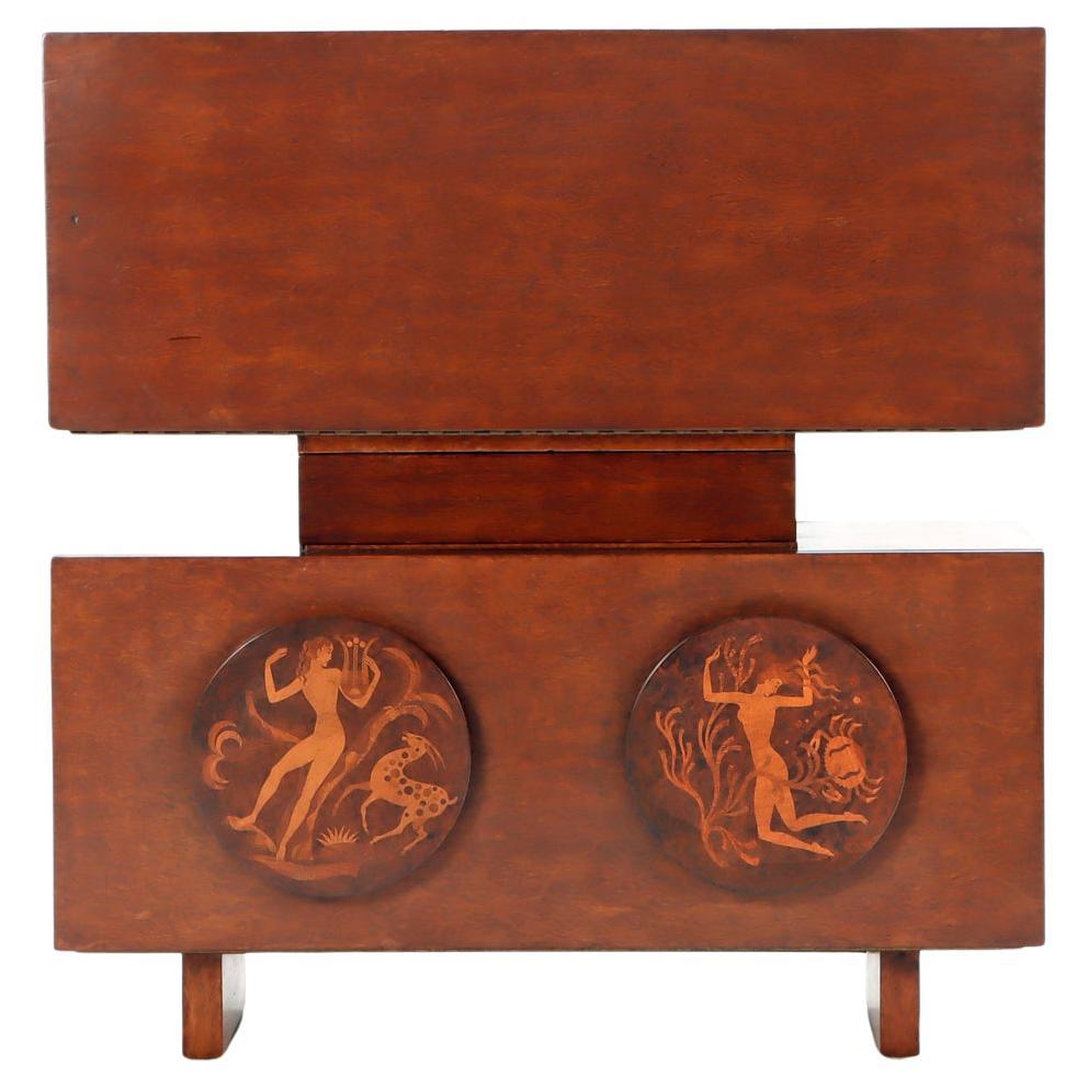 Art Deco Bar Cabinet with Inlaid Mythological Figures by Andrew Szoeke For Sale