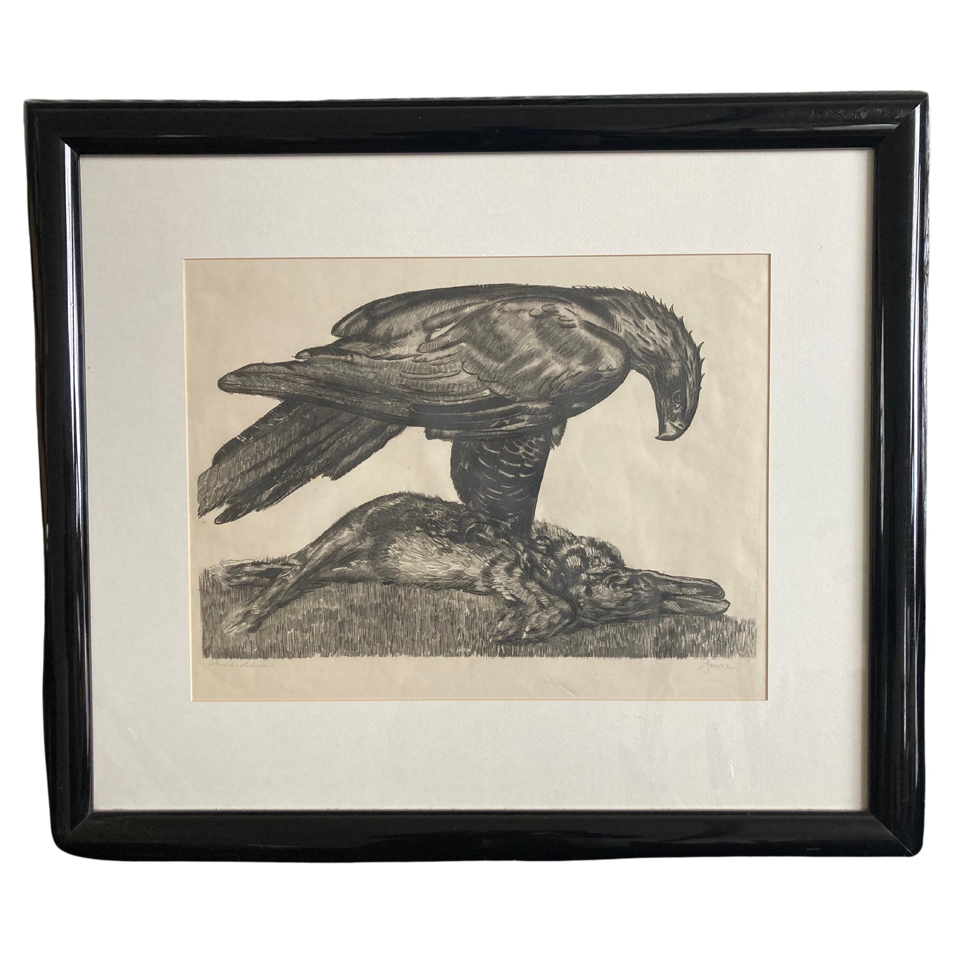  Art Déco lithograph "Aigle with hare" by Paul Jouve. France 1930s. Signed. For Sale