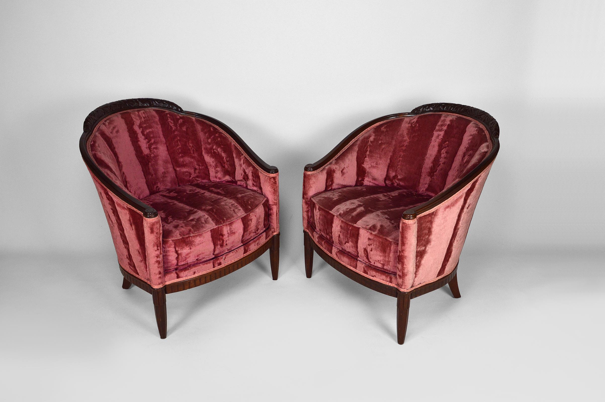 Early 20th Century Art Deco Living Room in Pink Velvet by Paul Follot, circa 1920 For Sale