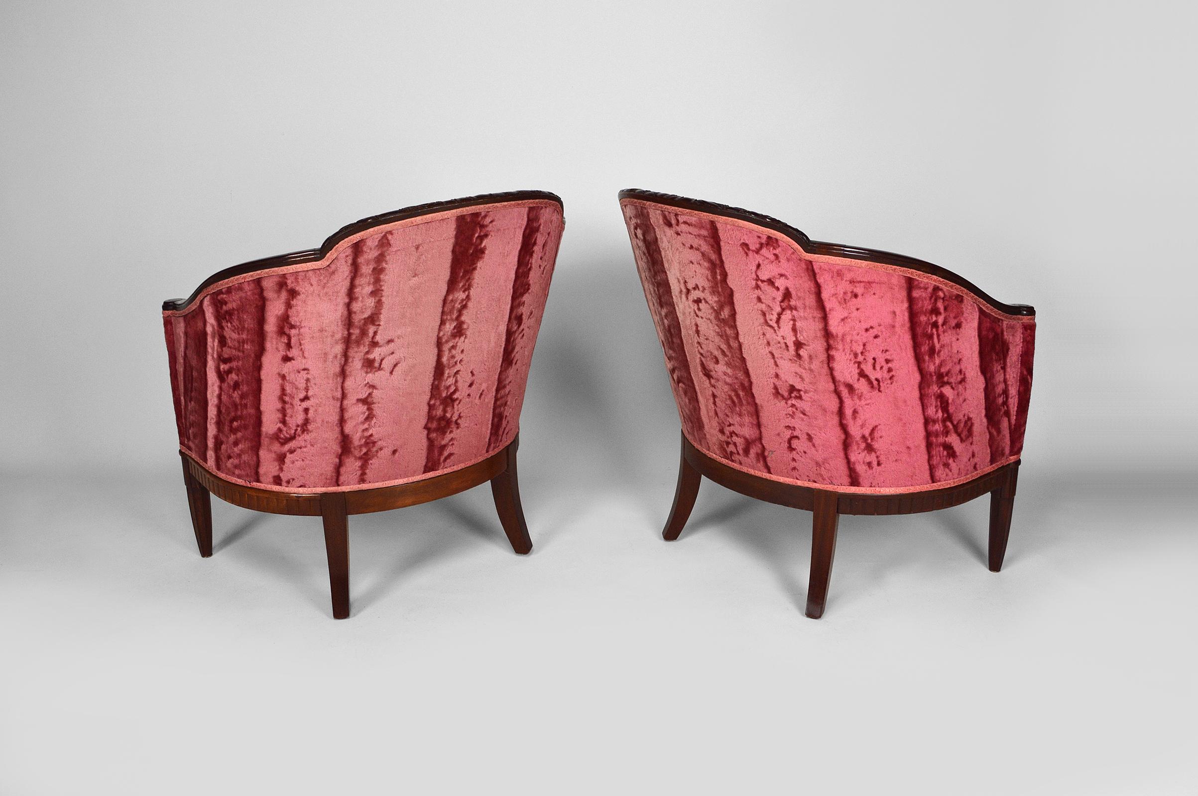 Fabric Art Deco Living Room in Pink Velvet by Paul Follot, circa 1920 For Sale