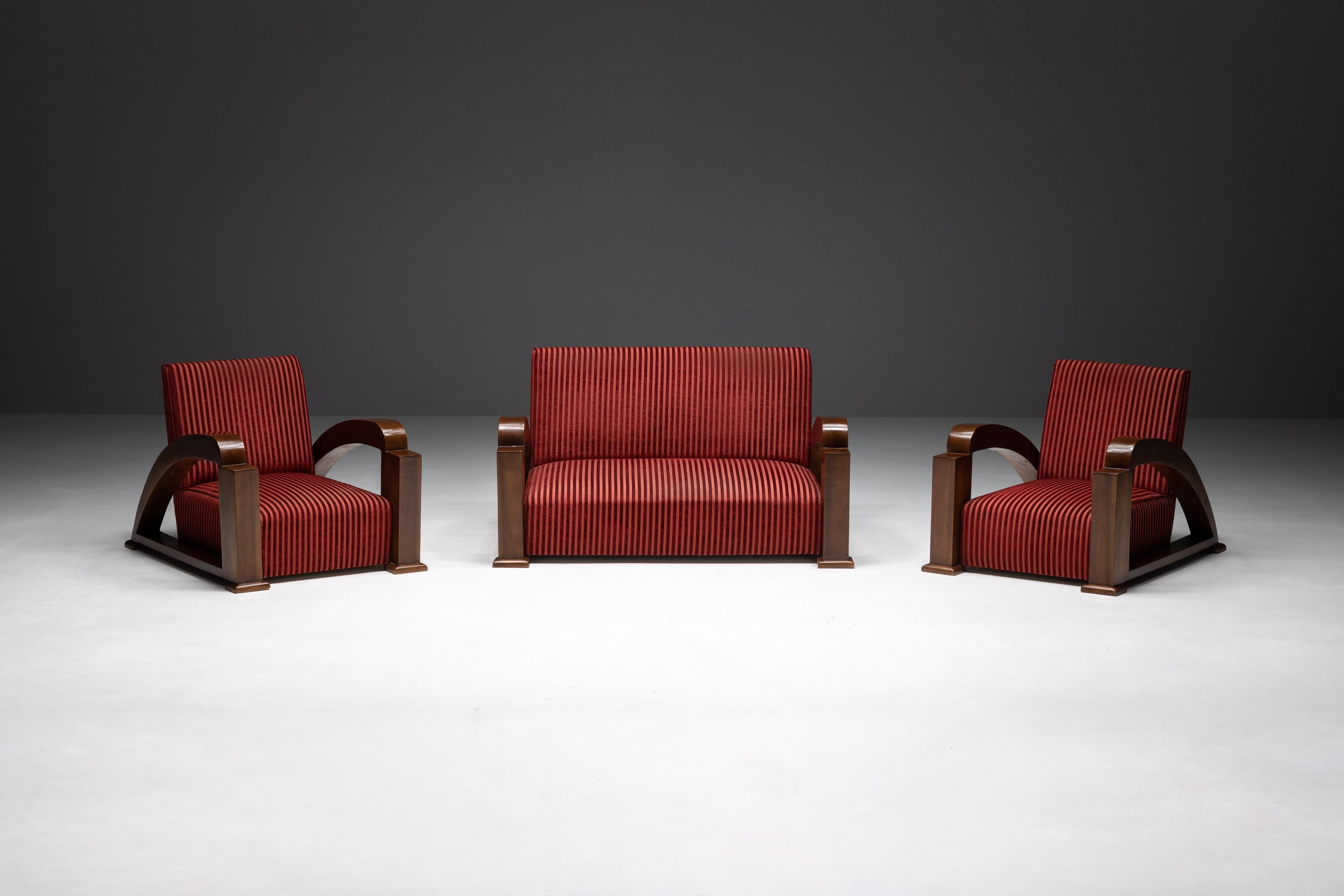 Art Deco Living Room Set in Red Striped Velvet and Swoosh Armrest, France, 1940s For Sale