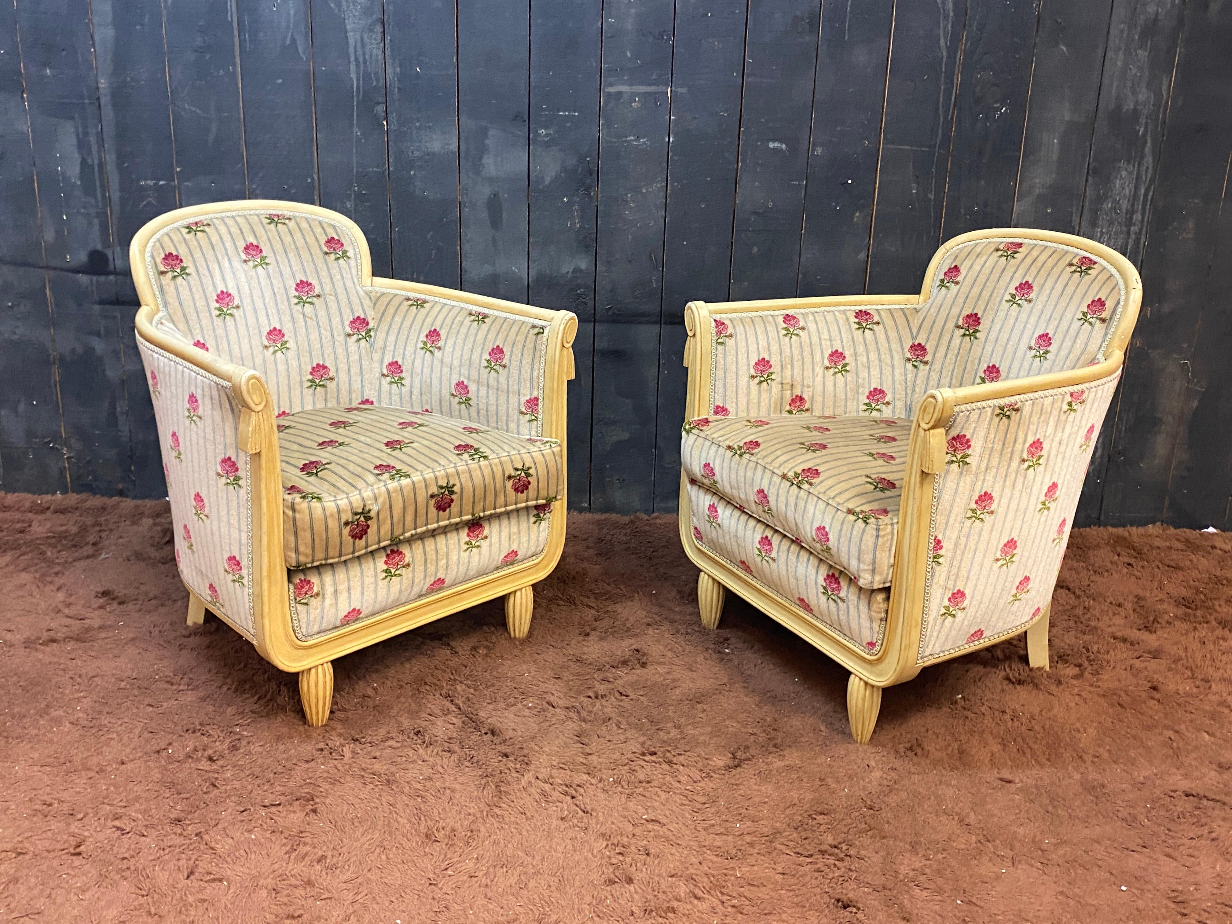 Début du 20ème siècle suite de salon Art déco, vers 1920/1930 Deux fauteuils, deux chaises et un canapé en vente