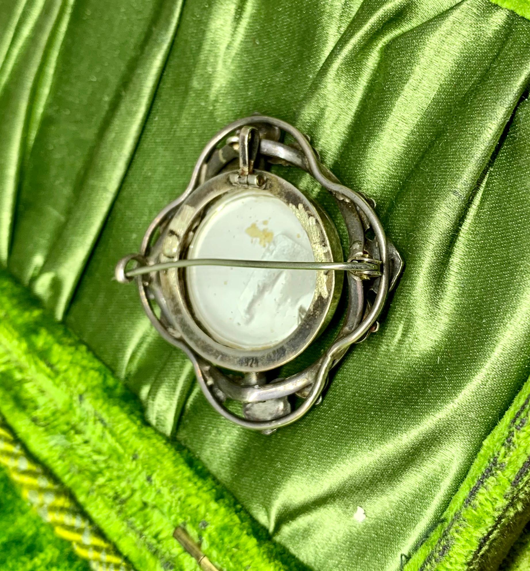 Women's Art Deco Locket Guilloche Enamel Flower Basket Pendant Brooch Sterling Silver For Sale